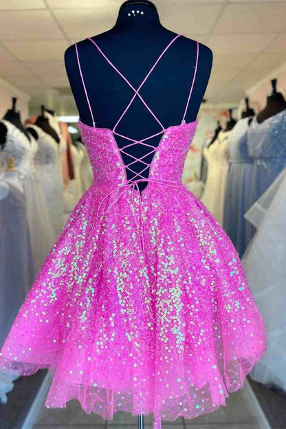 Cute Sequins A-Line Homecoming Dress Lace-up Shiny Party Dress c2461