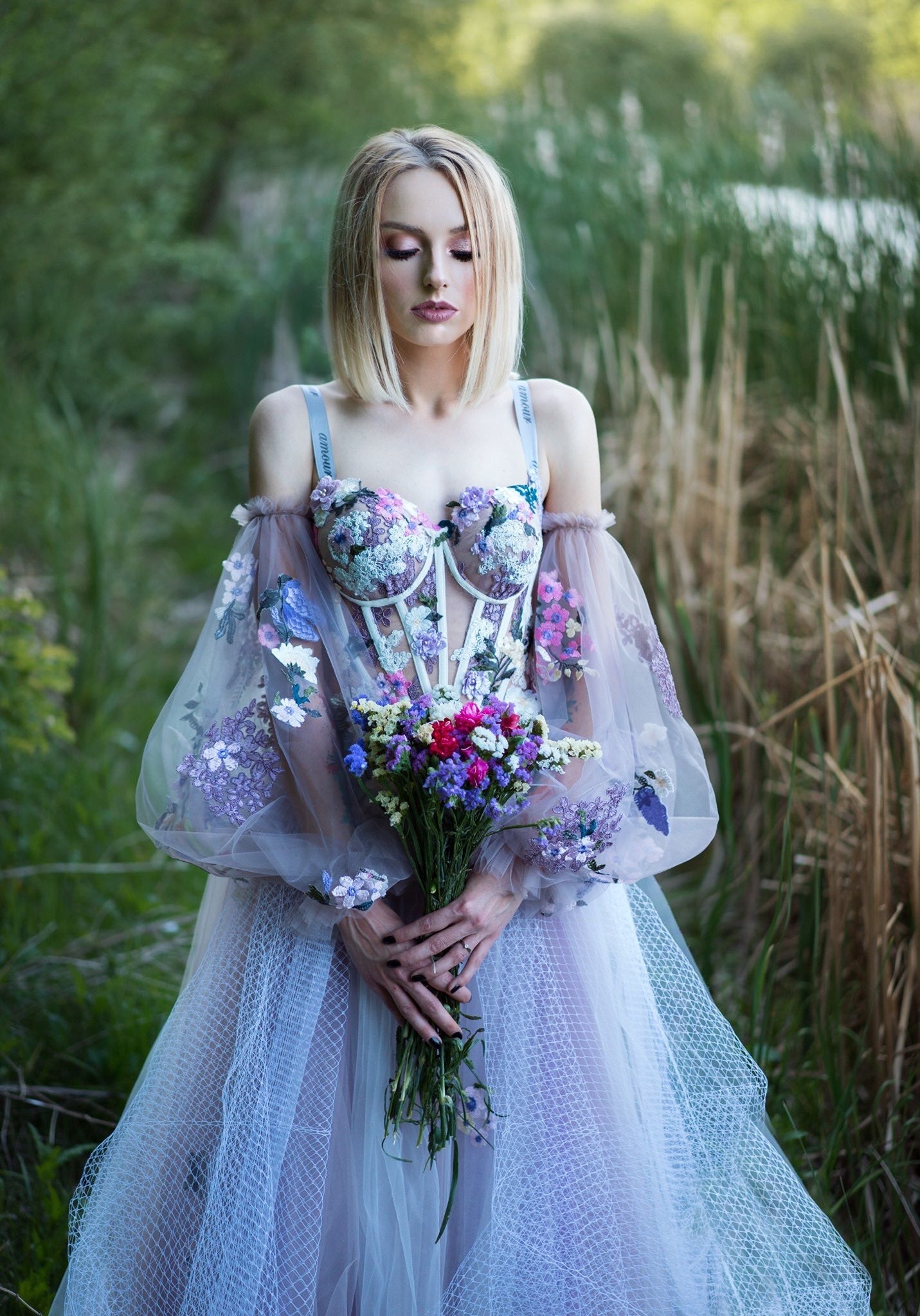 Elegant Dusty Lavender Floral Spaghetti Strap Sweetheart A-line Tulle Long Prom Dress  C2370