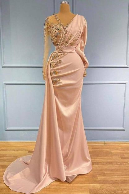 Elegant V-Neck Long Sleeves Mermaid Prom Dress with Gold Sequins Appliques C2054