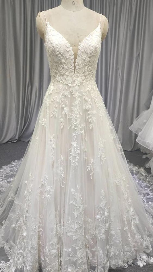 Spaghetti Long Lace Wedding Dresses, Romantic Wedding Dresses A-line Prom Dresses C2012