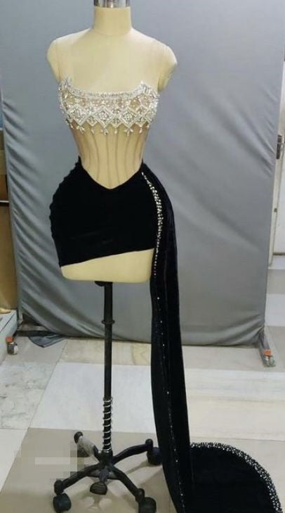 New Arrival Homecoming Dress Black See-through Sexy Party Dress With Beading c2901
