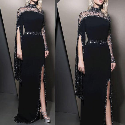 Black Evening Dress, Beaded Evening Dress, High Neck Evening Dress prom dress with long sleeves c2958