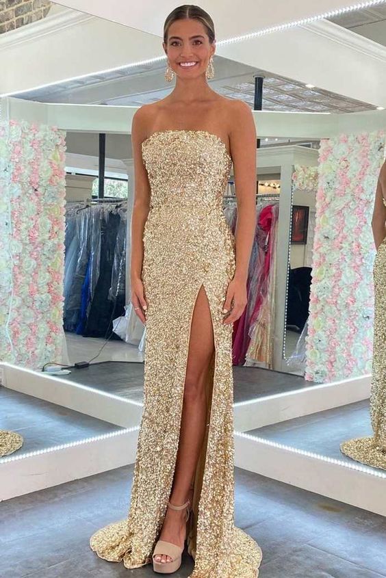 Gold Sequin Strapless Backless Mermaid Prom Dress c2811