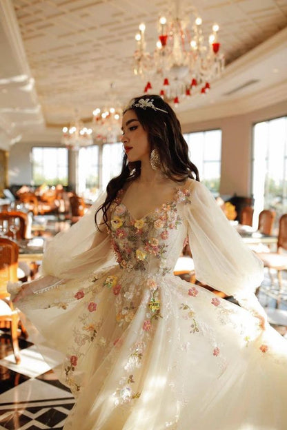 Light Champage Prom Dress With Flowers Pruffy Sleeves Party Dress c2765