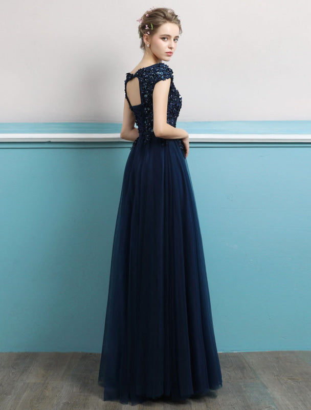 Prom Dresses Long Dark Navy Evening Dress Jewel Open Back Sequin Flowers Beaded Tulle Floor Length Formal Gowns