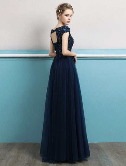 Prom Dresses Long Dark Navy Evening Dress Jewel Open Back Sequin Flowers Beaded Tulle Floor Length Formal Gowns