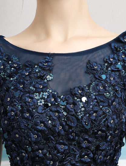 Prom Dresses Long Dark Navy Evening Dress Jewel Open Back Sequin Flowers Beaded Tulle Floor Length Formal Gowns