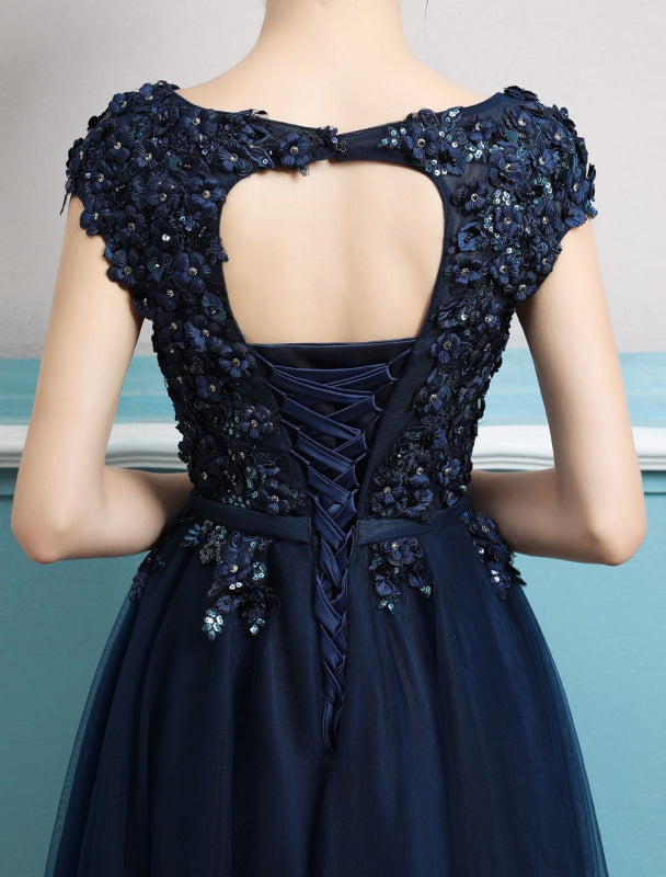 Prom Dresses Long Dark Navy Evening Dress Jewel Open Back Sequin Flowers Beaded Tulle Floor Length Formal Gowns