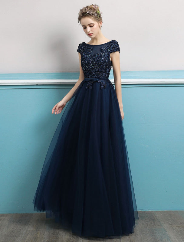Prom Dresses Long Dark Navy Evening Dress Jewel Open Back Sequin Flowers Beaded Tulle Floor Length Formal Gowns