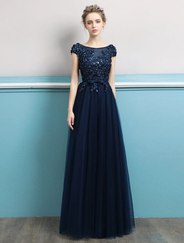 Prom Dresses Long Dark Navy Evening Dress Jewel Open Back Sequin Flowers Beaded Tulle Floor Length Formal Gowns