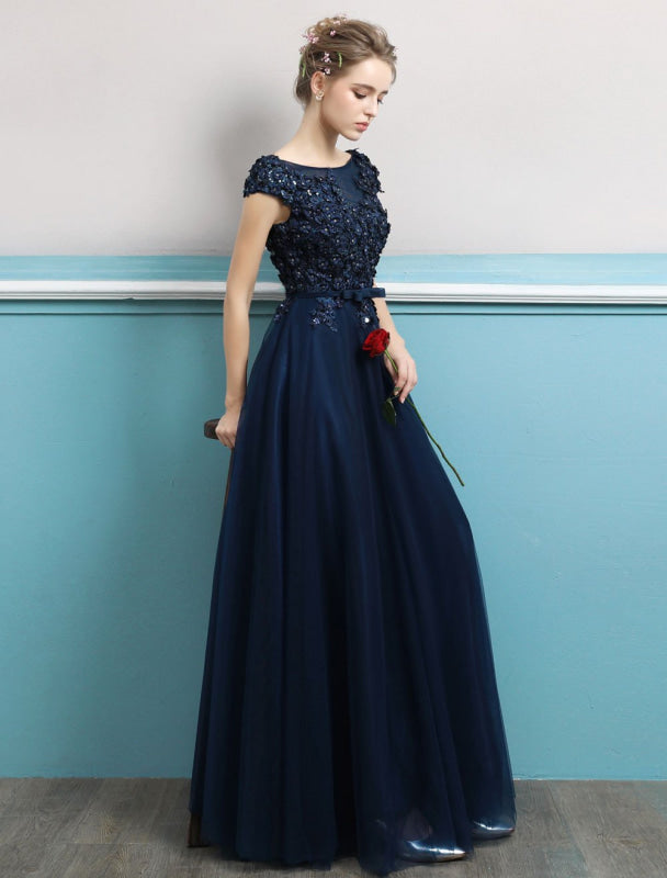 Prom Dresses Long Dark Navy Evening Dress Jewel Open Back Sequin Flowers Beaded Tulle Floor Length Formal Gowns
