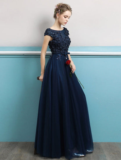 Prom Dresses Long Dark Navy Evening Dress Jewel Open Back Sequin Flowers Beaded Tulle Floor Length Formal Gowns