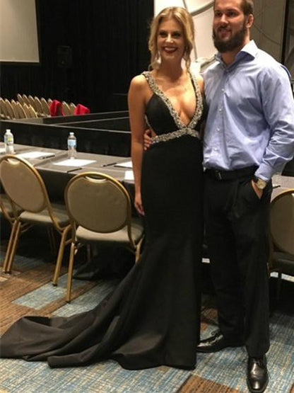 A-line Deep-V Sweep Train Satin Black Simple Prom Dresses Sexy Evening Dress Party Dress