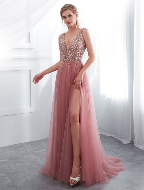 Prom Dresses Cameo Pinkv Neck Beading A Line Formal Evening Dress With Train