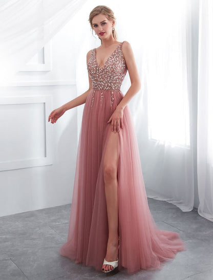 Prom Dresses Cameo Pinkv Neck Beading A Line Formal Evening Dress With Train