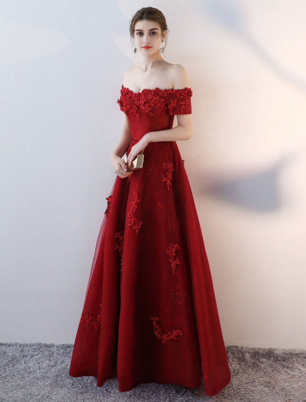 Prom Dresses Long Burgundy Off The Shoulder Prom Dress Lace Applique Heavy Beading Sash Floor Length Formal Evening Dress