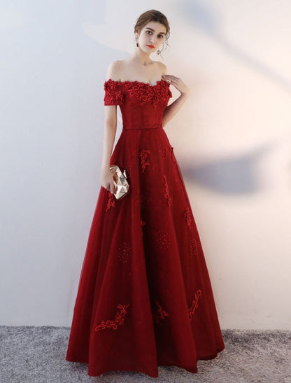 Prom Dresses Long Burgundy Off The Shoulder Prom Dress Lace Applique Heavy Beading Sash Floor Length Formal Evening Dress