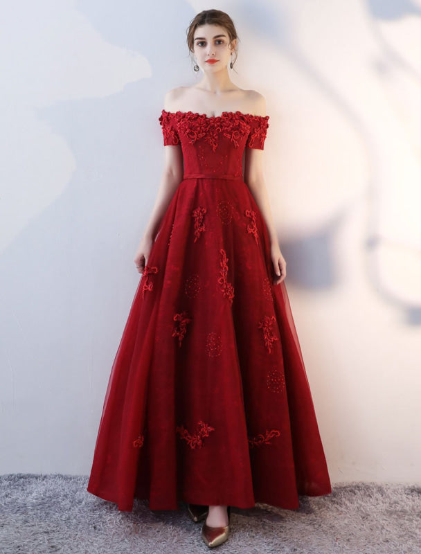 Prom Dresses Long Burgundy Off The Shoulder Prom Dress Lace Applique Heavy Beading Sash Floor Length Formal Evening Dress
