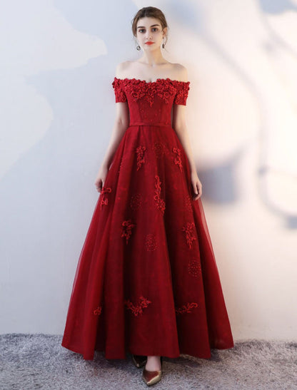 Prom Dresses Long Burgundy Off The Shoulder Prom Dress Lace Applique Heavy Beading Sash Floor Length Formal Evening Dress