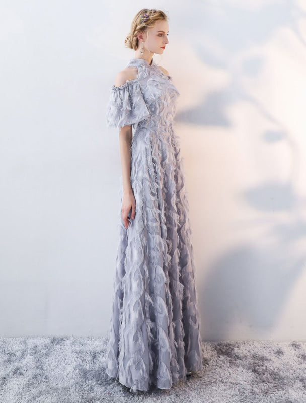 Prom Dresses Long Light Grey Cold Shoulder Evening Dress Lace Stand Collar Floor Length Formal Dress