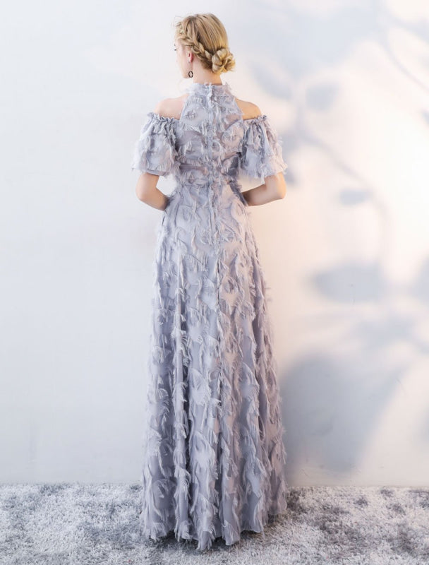 Prom Dresses Long Light Grey Cold Shoulder Evening Dress Lace Stand Collar Floor Length Formal Dress