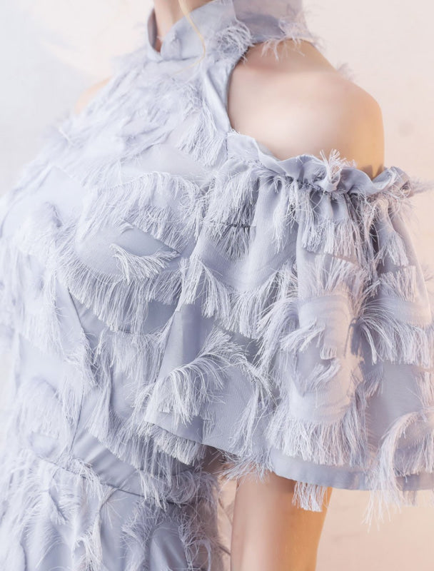 Prom Dresses Long Light Grey Cold Shoulder Evening Dress Lace Stand Collar Floor Length Formal Dress