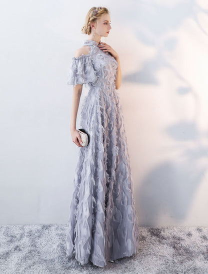 Prom Dresses Long Light Grey Cold Shoulder Evening Dress Lace Stand Collar Floor Length Formal Dress