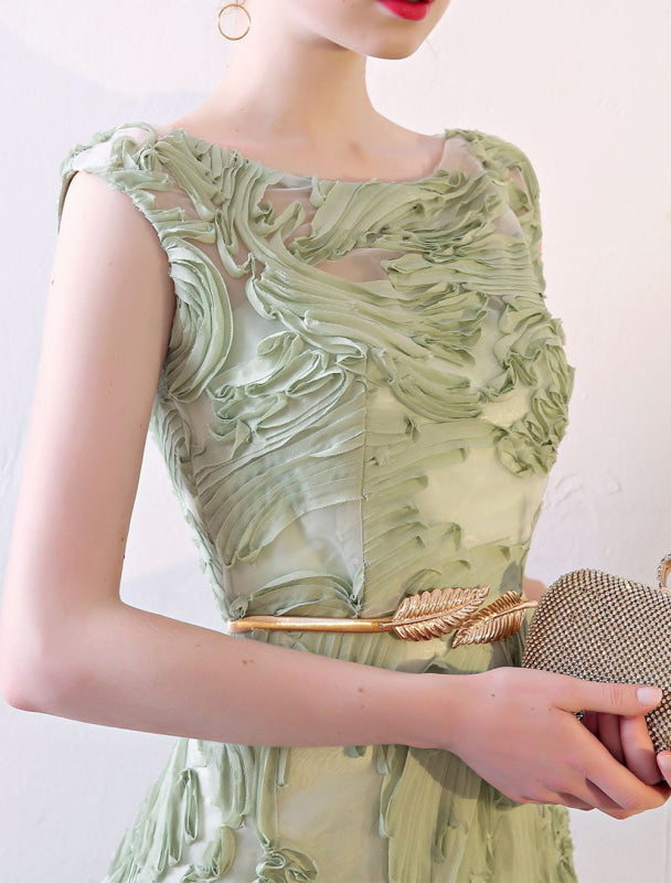 Prom Dresses Long Sage Green Embossment Texture Sleeveless A Line With Sash Wedding Guest Dress
