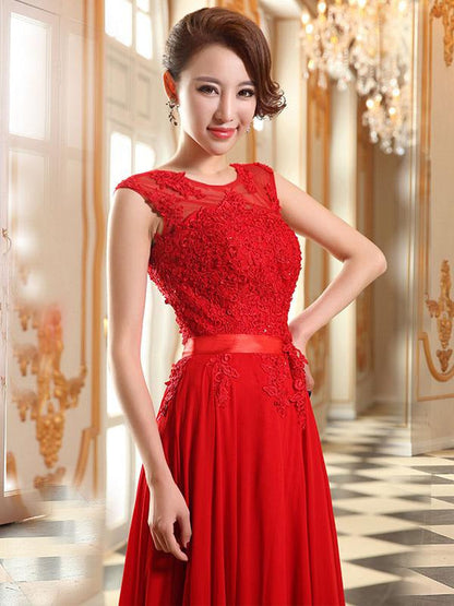 Lace Applique Pink Prom Dresses Chiffon Evening Dresses Sleeveless Formal Gowns