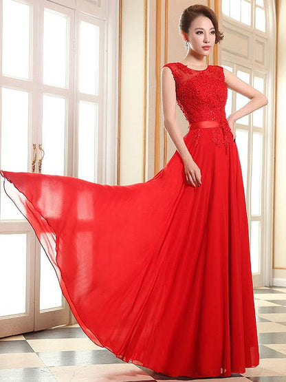 Lace Applique Pink Prom Dresses Chiffon Evening Dresses Sleeveless Formal Gowns