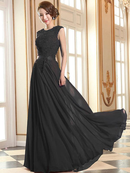 Lace Applique Pink Prom Dresses Chiffon Evening Dresses Sleeveless Formal Gowns