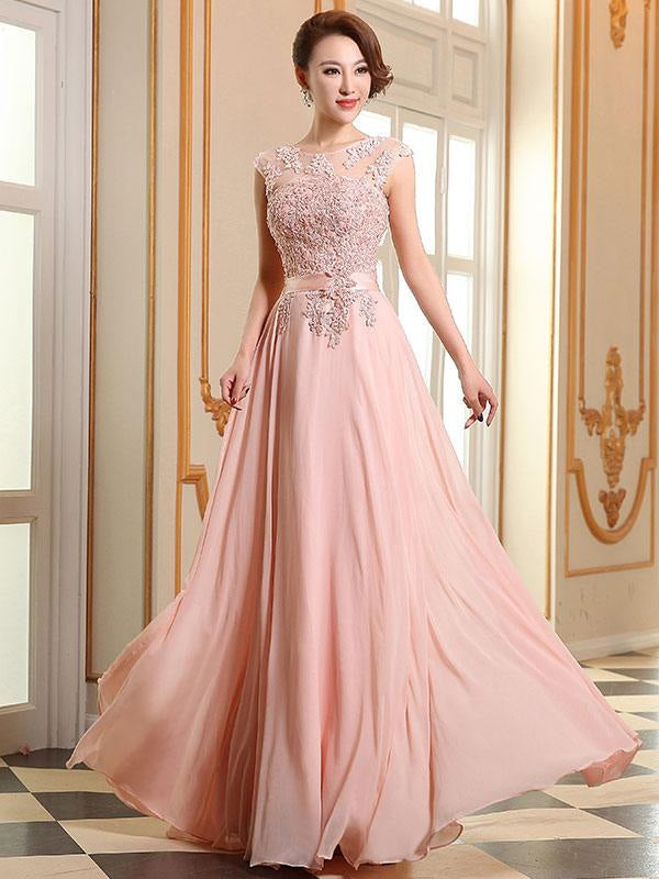 Lace Applique Pink Prom Dresses Chiffon Evening Dresses Sleeveless Formal Gowns