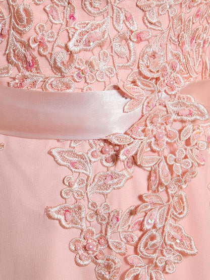 Lace Applique Pink Prom Dresses Chiffon Evening Dresses Sleeveless Formal Gowns