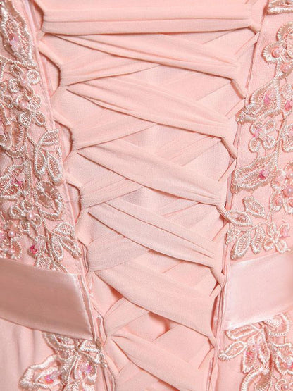 Lace Applique Pink Prom Dresses Chiffon Evening Dresses Sleeveless Formal Gowns