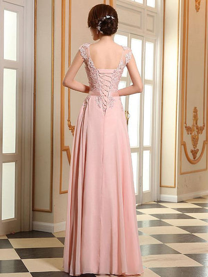 Lace Applique Pink Prom Dresses Chiffon Evening Dresses Sleeveless Formal Gowns