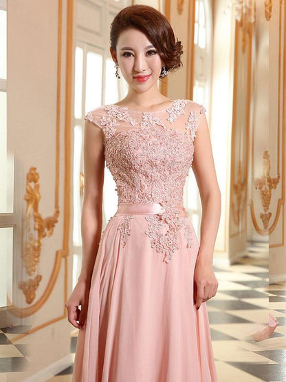 Lace Applique Pink Prom Dresses Chiffon Evening Dresses Sleeveless Formal Gowns