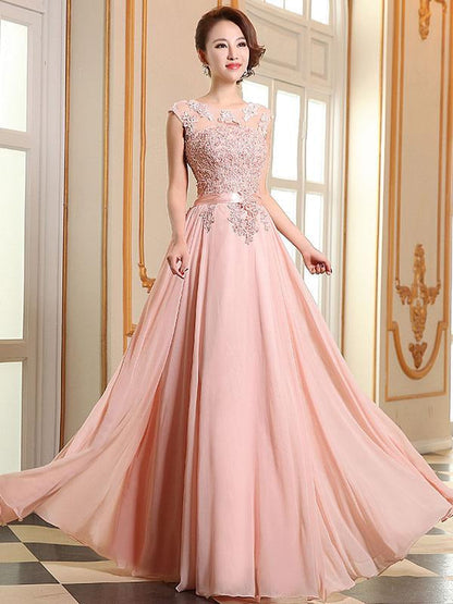 Lace Applique Pink Prom Dresses Chiffon Evening Dresses Sleeveless Formal Gowns