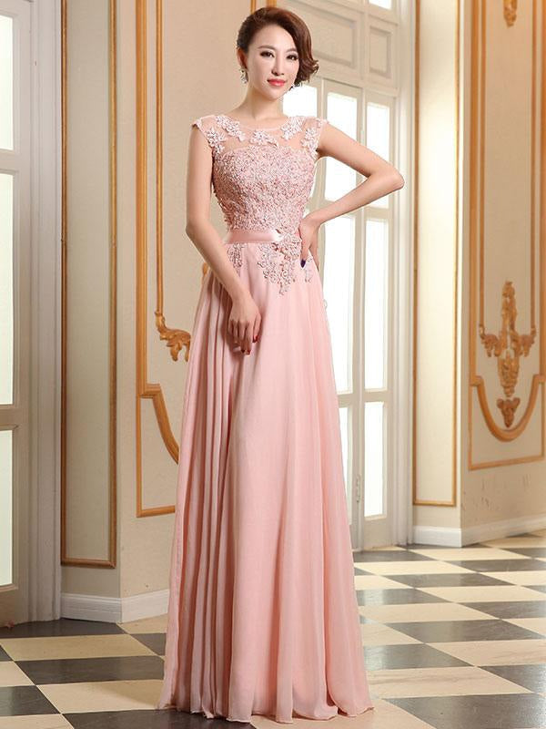 Lace Applique Pink Prom Dresses Chiffon Evening Dresses Sleeveless Formal Gowns