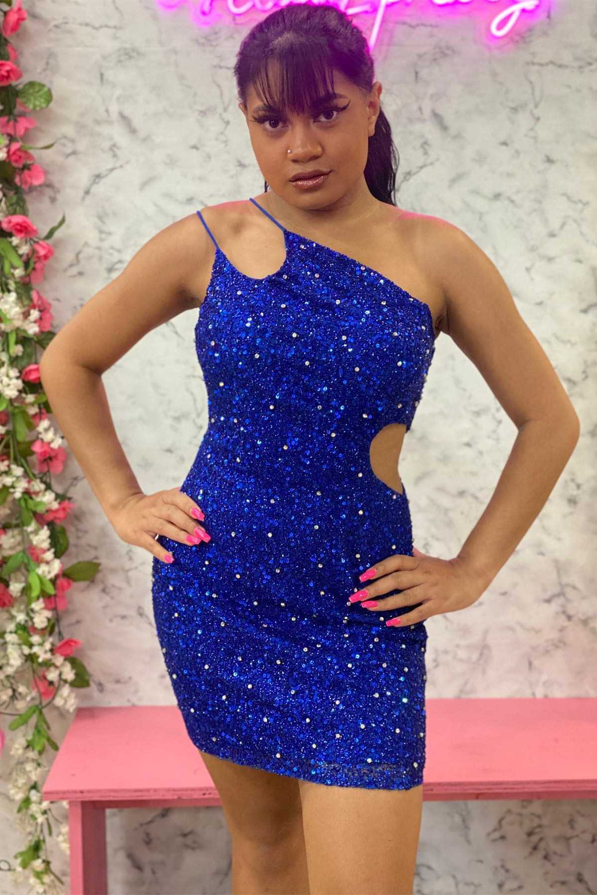 Hot Pink Sequin One-Shoulder Cutout Short Party Dress