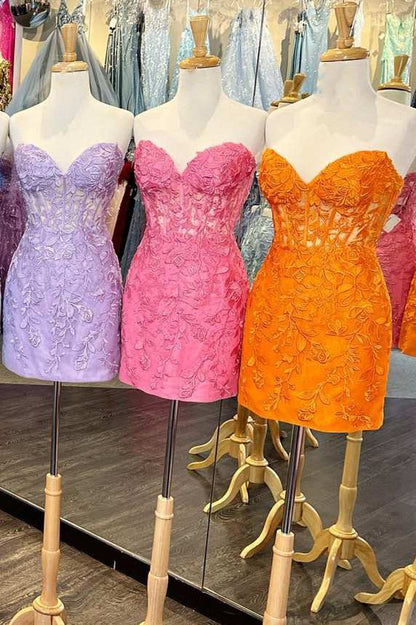 Lace Appliques Strapless Lace-Up Sleeveless Mini Homecoming Dress