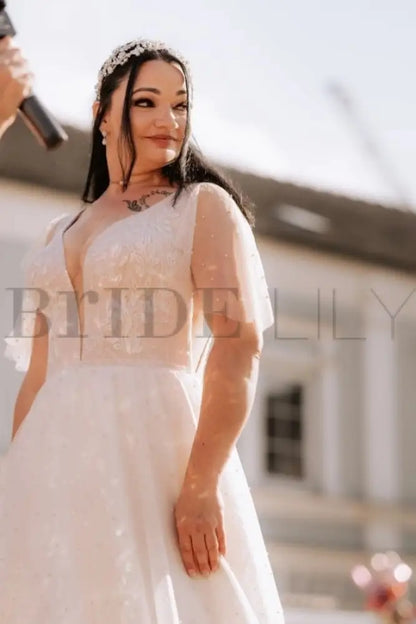 Puff Sleeves Tulle Aline Wedding Dress with Floral Lace Bridal Dress