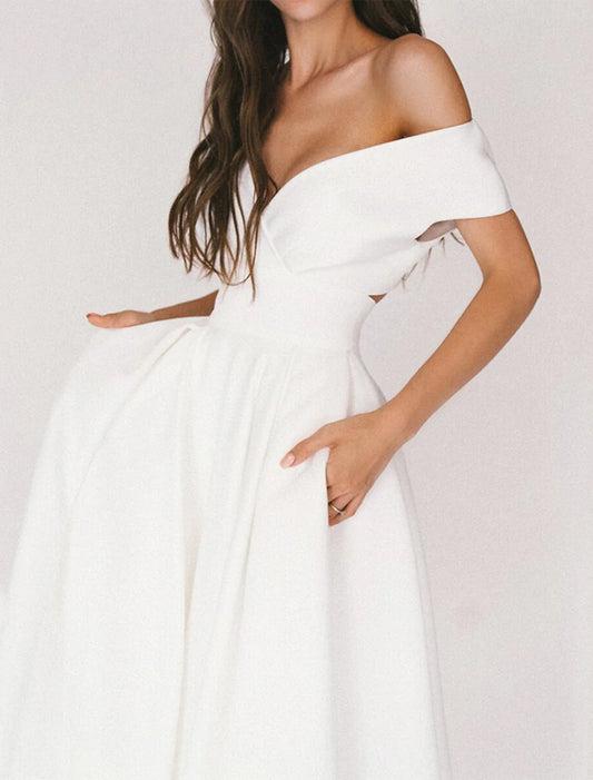 Aimishang A-Line Party Dress Cocktail Wedding Guest Homecoming Dresses Length Short Sleeve Off Shoulder Stretch with Sleek