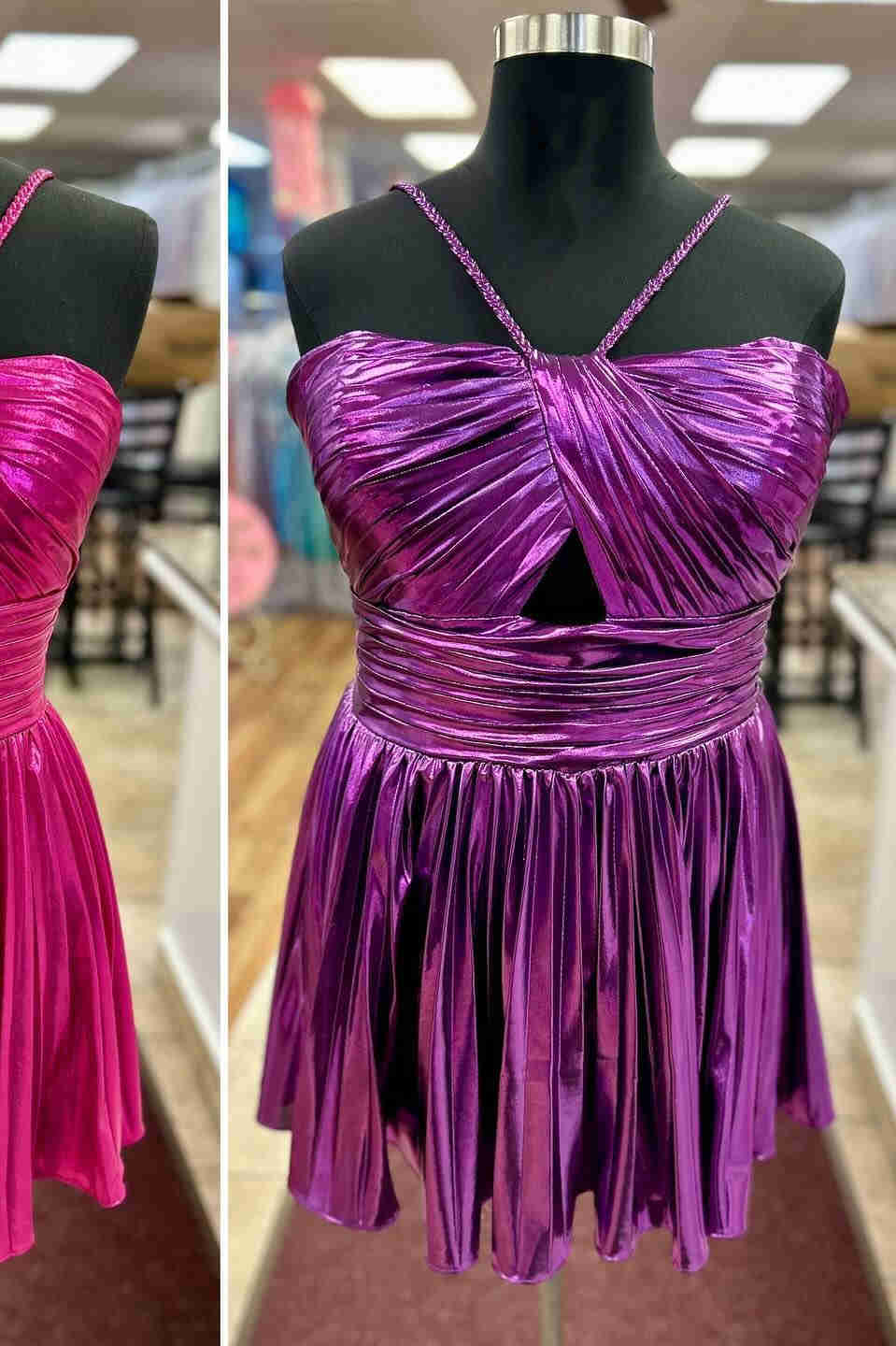 Halter Champagne Metallic Keyhole Pleated A-Line Cocktail Dress