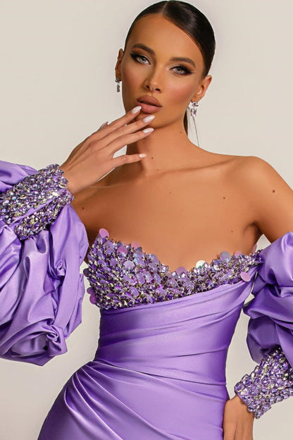 Purple Mermaid Prom Dress Long with Bubble Sleeves and Long Sleeves
