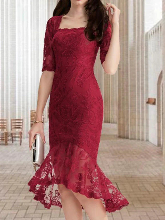 Mermaid / Trumpet Mother of the Bride Dress Vintage Elegant High Low Square Neck Asymmetrical Tea Length Lace Half Sleeve with Ruffles Appliques
