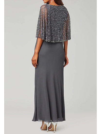 Sheath Mother of the Bride Dress Cape Dress Elegant V Neck Floor Length Chiffon Long Sleeve with Beading Sequin