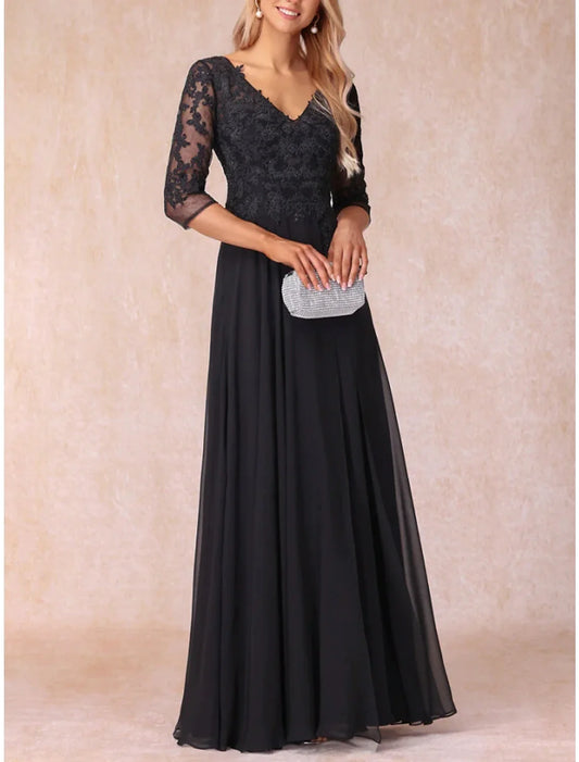 Aimishang A-Line Mother of the Bride Dress Wedding Guest Elegant V Neck Floor Length Chiffon Lace 3/4 Length Sleeve with Ruching Solid Color