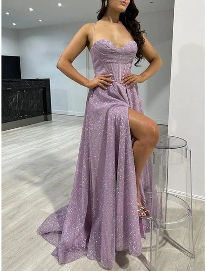 Aimishang A-Line Prom Dresses Corsets Dress Wedding Guest Wedding Party Sweep / Brush Train Sleeveless Spaghetti Strap Fall Wedding Reception Tulle with Glitter Pleats