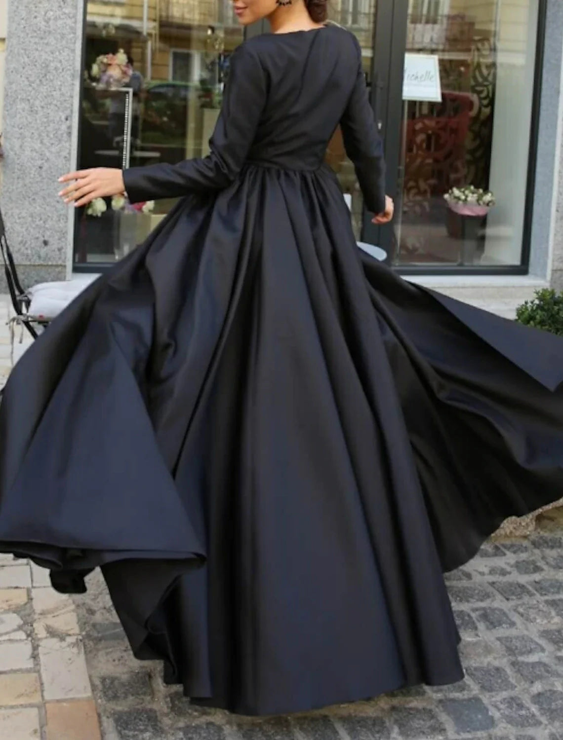 Aimishang Ball Gown Evening Gown Black Dress Vintage Halloween Wedding Party Sweep / Brush Train Long Sleeve Illusion Neck Wednesday Addams Family Satin with Slit Overskirt