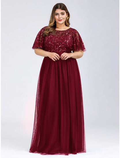 DingjiA-Line Prom Dresses Plus Size Dress Wedding Guest Prom Floor Length Short Sleeve Jewel Neck Bridesmaid Dress Chiffon with Appliques